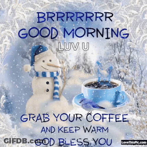 Snowman And Coffee Cup Saying Good Morning GIF
