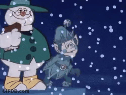 Snowman And Snow Elf Walking In Snow GIF