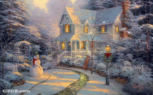 Snowman In Front Of Snowy House GIF