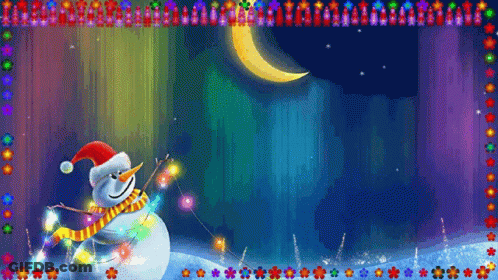 Snowman In Santa Hat And Scarf With Christmas Lights GIF