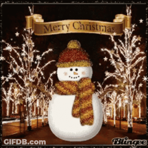 Snowman In Scarf And Hat With Merry Christmas Banner GIF