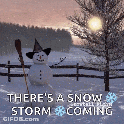 Snowman In Witch Hat Holding Broom Says Snow Storm Coming GIF