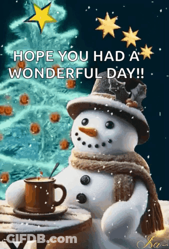 Snowman Sitting At Table With Coffee And Christmas Tree GIF