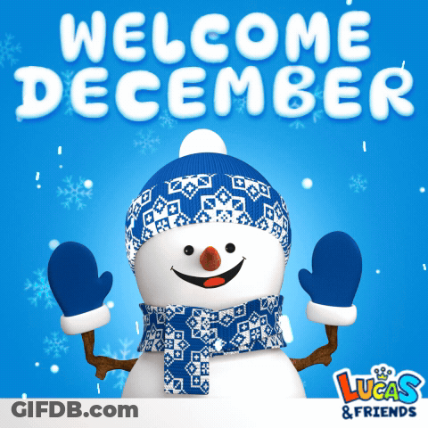 Snowman Wearing Blue Hat And Scarf Welcome December GIF
