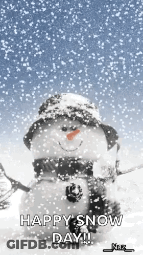 Snowman Wearing Hat And Scarf Saying Happy Snow Day GIF