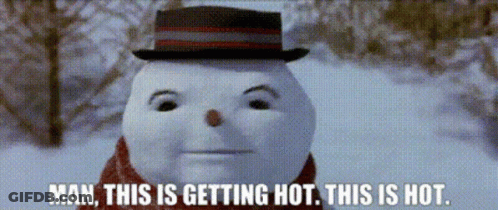 Snowman Wearing Hat And Scarf Saying Man This Is Getting Hot GIF