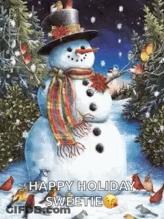 Snowman With Hat And Scarf Surrounded By Birds GIF