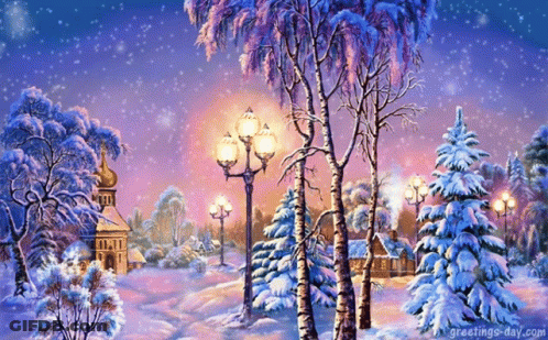 Snowy Landscape With Trees And Street Lights GIF