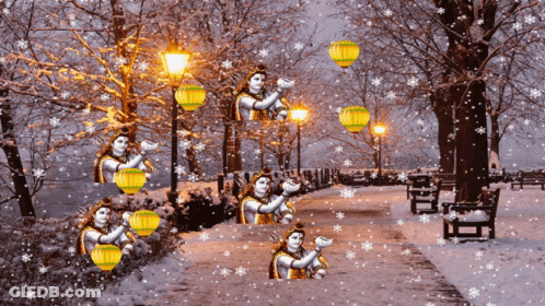 Snowy Park With Shiva Statue Collage GIF
