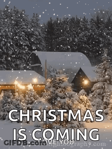 Snowy Scene With House And Christmas Is Coming GIF