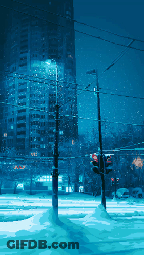 Snowy Street At Night With Red Traffic Light GIF