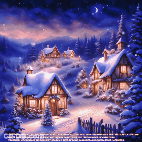 Snowy Village Painting With Quote GIF