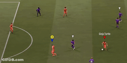 Soccer Game On Green Field With Red And Purple Players GIF