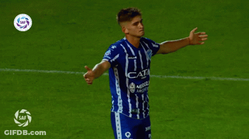 Soccer Player In Blue And White Striped Shirt Saying Cata GIF