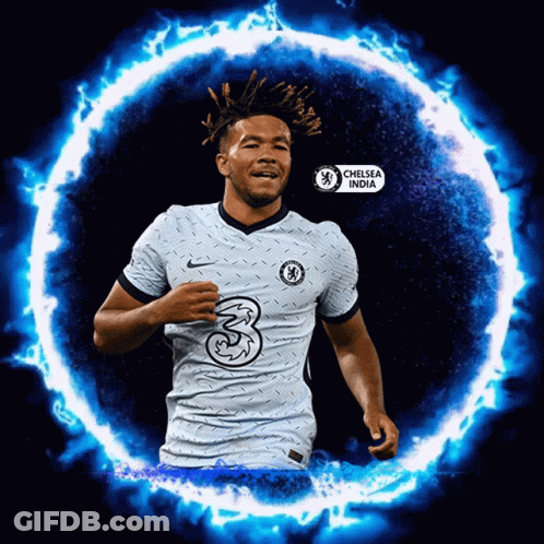 Soccer Player In Chelsea India Jersey Surrounded By Blue Flames GIF