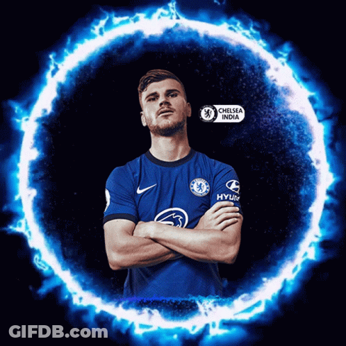 Soccer Player In Chelsea India Jersey Surrounded By Blue Flames GIF