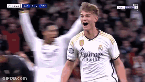 Soccer Player In Emirates Fly Better Jersey Celebrating Goal GIF