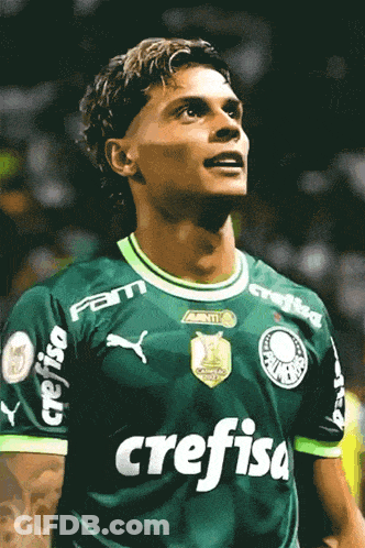 Soccer Player In Green Crefisa Jersey Looking Up GIF