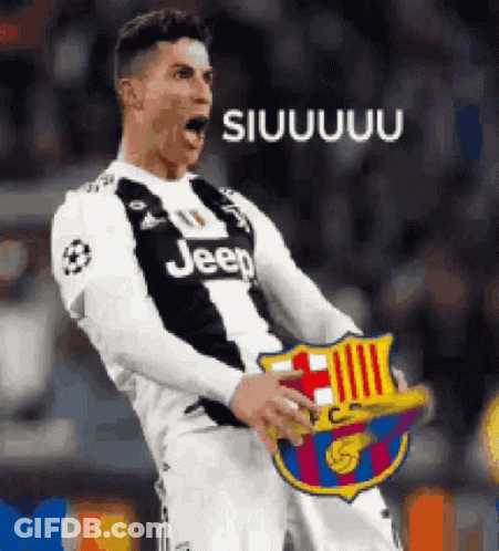 Soccer Player In Jeep Jersey Holding Ball And Barcelona Shield GIF