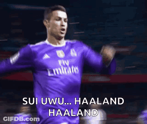 Soccer Player In Purple Fly Emirates Jersey Celebrating GIF