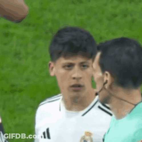 Soccer Player In White Adidas Jersey Talking To Umpire GIF