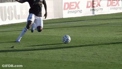 Soccer Player Kicking Ball In Front Of Dex Imaging Banner GIF