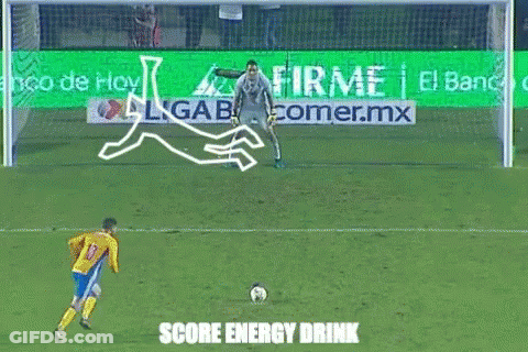 Soccer Player Kicking Ball In Front Of Score Energy Drink Sign GIF
