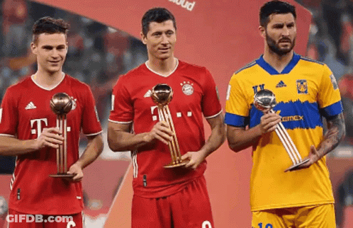 Soccer Players Holding Trophies GIF