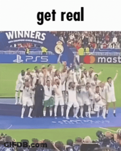 Soccer Players Holding Trophy And Get Real Sign GIF