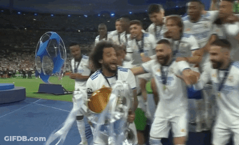 Soccer Players Holding Trophy On Field GIF