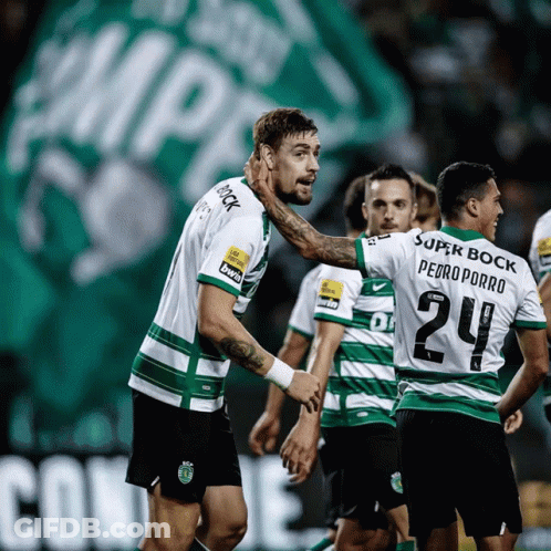 Soccer Players In Green And White Betano Jerseys GIF