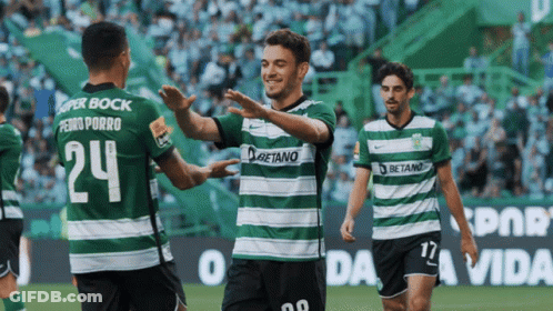 Soccer Players In Green And White Striped Betano Jerseys GIF