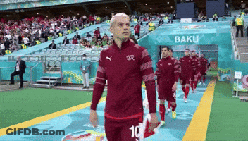 Soccer Players Leaving Stadium With Baku Sign GIF