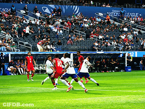 Soccer Players On A Field With A Banner That Says Concacaf Nations League On It GIF
