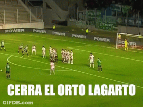 Soccer Players On A Field With The Words " Cerra El Orto Lagarto " In The Corner GIF