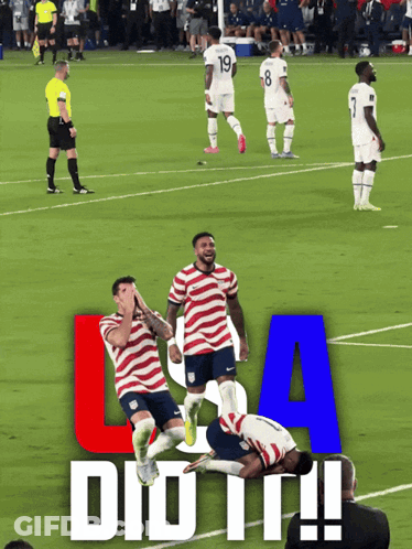 Soccer Players On A Field With The Words " Usa Did It " On The Bottom GIF