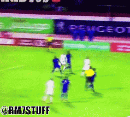 Soccer Players On Field With Peugeot Ads GIF