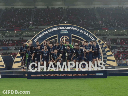 Soccer Players On Podium Saying Champions GIF