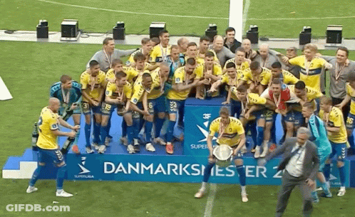 Soccer Players On Podium Saying Danmarksmester 2 GIF