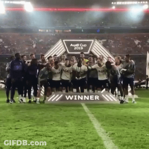 Soccer Players Posing In Front Of Audi Cup Winner Sign GIF