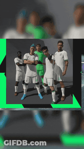 Soccer Players Posing On Green Background GIF