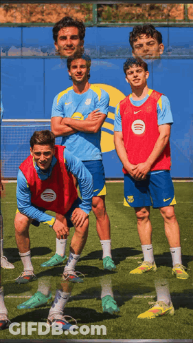 Soccer Players Posing With Spotify Vest GIF