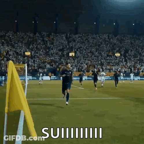 Soccer Players Running With Suiiii Flag GIF