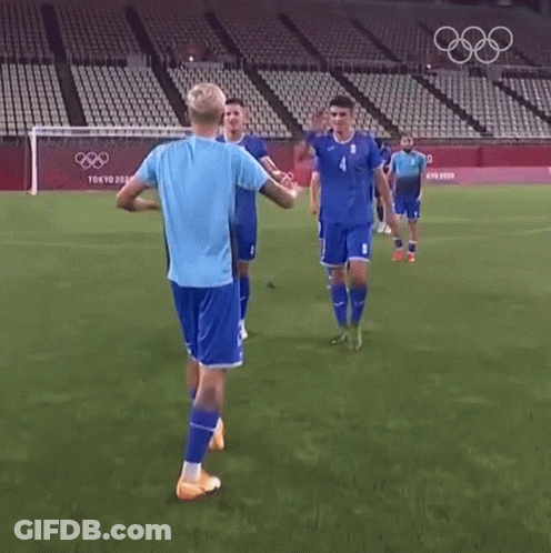 Soccer Players Standing On Field In Front Of Stadium GIF