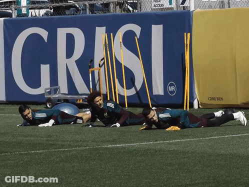 Soccer Players Stretching On Field In Front Of Grasi Sign GIF