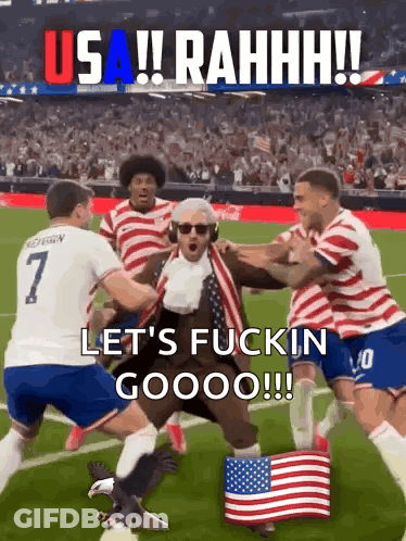 Soccer Players With Man Dressed As George Washington GIF