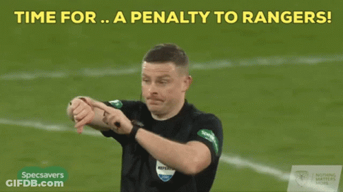 Soccer Referee Pointing At Watch Saying Time For A Penalty To Rangers GIF