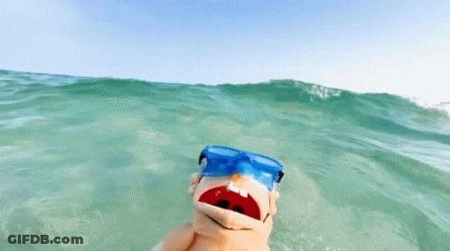 Sock Puppet Swimming In Ocean With Goggles GIF