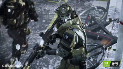Soldier Holding Rifle In Front Of Nvidia RTX Sign GIF