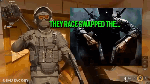 Soldier In Front Of Screen Saying They Race Swapped The GIF